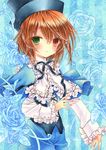  bad_id bad_pixiv_id blue_flower blue_rose bow brown_eyes brown_hair flower frills green_eyes hat heterochromia pants puu_(kari---ume) ribbon rose rozen_maiden shawl short_hair solo souseiseki traditional_media 