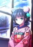  aqua_eyes bangs black_hair blunt_bangs day hair_ornament ikoku_meiro_no_croisee japanese_clothes kimono one_eye_closed ryosios short_hair sky smile solo window yune_(ikoku_meiro_no_croisee) 