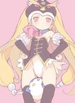  bad_id bad_pixiv_id between_thighs bird black_legwear blade_(galaxist) blonde_hair blush detached_sleeves hands_on_hips hat long_hair mawaru_penguindrum penguin penguin_2-gou pink_eyes princess_of_the_crystal simple_background solo sweat takakura_himari thighhighs very_long_hair 