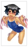  :d bare_shoulders black_hair blush collarbone competition_school_swimsuit covered_navel covered_nipples eyebrows fang flat_chest full_body one-piece_swimsuit oohara_kyuutarou open_mouth original red_eyes shoes short_hair simple_background smile sneakers solo swimsuit tan tanline thick_eyebrows towel very_short_hair wet 