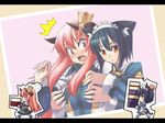  2girls akutsu animal_ears blue_hair blush breast_grab breasts brown_eyes carrying cat_ears cat_tail cratius crishtolte crown from_behind grabbing head_bump highres horns ken_to_mahou_to_gakuen_mono ken_to_mahou_to_gakuen_mono_3 large_breasts long_hair maid maid_headdress multiple_girls open_mouth red_eyes red_hair short_hair skirt tail 