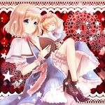  1girl alice_margatroid ankle_boots aqua_eyes argyle argyle_background bad_id bad_pixiv_id blonde_hair bloomers blue_eyes book boots bow capelet cross-laced_footwear doily dress hair_bow hairband high_heels lace-up_boots lace_border nunucco sash shanghai_doll shoes short_hair solo star touhou underwear wrist_cuffs 