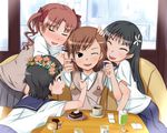  4shi black_hair brown_eyes brown_hair cake cheek_squash closed_eyes cup drink earphones earphones_removed food harem hug long_hair misaka_mikoto multiple_girls one_eye_closed pudding sakugawa_school_uniform saten_ruiko school_uniform serafuku shirai_kuroko short_hair skirt teacup to_aru_kagaku_no_railgun to_aru_majutsu_no_index tokiwadai_school_uniform twintails uiharu_kazari yuri 