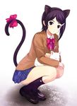  animal_ears bad_id bad_pixiv_id blazer bow cat cat_ears cat_tail hair_ornament hairband hairclip idolmaster idolmaster_dearly_stars jacket kneeling mizutani_eri onion_(lemlaml) purple_eyes purple_hair school_uniform short_hair skirt solo tail white_cat 