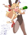  alcohol animal_ears ario bottle brown_eyes bunny_ears bunnysuit detached_collar duplicate horns ibuki_suika jimmy_lightning long_hair one_eye_closed orange_hair pantyhose peggle touhou wine wrist_cuffs 