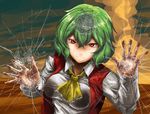  against_fourth_wall against_glass ascot bad_id bad_pixiv_id breast_press breasts broken_glass crack face fourth_wall glass green_hair hands kazami_yuuka light_smile lolicept looking_at_viewer medium_breasts orange_eyes red_eyes short_hair solo touhou vest 