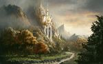  2011 amazing_background ambiguous_gender canterlot castle cliff cloud forest friendship_is_magic hasbro landscape moe mountain my_little_pony outside path river scenery sunset town tree wallpaper water waterfall widescreen wood 
