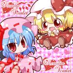  &gt;:) :d ascot bat_wings blonde_hair blue_hair blush_stickers bow character_name chibi dress fang flandre_scarlet hat heart multiple_girls open_mouth plaid plaid_background red_eyes remilia_scarlet ritateo short_hair siblings side_ponytail sisters smile text_focus touhou v-shaped_eyebrows wings 