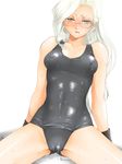  black_swimsuit breasts covered_nipples glasses heterochromia long_hair one-piece_swimsuit original school_swimsuit small_breasts solo spread_legs swimsuit wet white_hair yagisaka_seto 