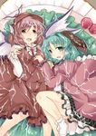  animal_ears blush brown_eyes dress dressing earrings green_eyes green_hair hat jewelry kasodani_kyouko lettuce messy multiple_girls mystia_lorelei open_mouth pink_hair plate sesield sexually_suggestive short_hair socks suggestive_fluid tomato touhou wings 