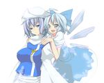  akutsu blue_eyes blue_hair blush bow cirno dress from_behind hair_bow hands_on_shoulders hat highres ice letty_whiterock multiple_girls open_mouth scarf short_hair smile touhou white_scarf wings 