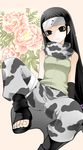  black_eyes black_hair flower forehead_protector kitarow long_hair naruto sitting solo spread_legs toes tsuchi_kin very_long_hair 