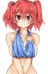  breasts hair_bobbles hair_ornament highres large_breasts looking_at_viewer morino_harifu nude onozuka_komachi red_eyes red_hair short_hair simple_background sketch smile solo touhou two_side_up upper_body v_arms white_background 