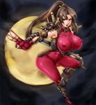  1girl armor bodysuit breasts brown_eyes brown_hair covered_nipples curvy fingerless_gloves full_moon gloves huge_breasts impossible_clothes impossible_shirt long_hair moon motion_blur ninja open_mouth ponytail sheath sheathed shirt skin_tight solo soulcalibur sword taki_(soulcalibur) weapon 