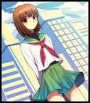  bad_id bad_pixiv_id bag brown_eyes brown_hair building city cloud day dutch_angle mawaru_penguindrum oginome_ringo sakuyamochi school_uniform serafuku short_hair skirt sky smile solo 