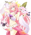  :d ahoge arm_up bangs blue_eyes blush bow breasts bug butterfly choker choukaku cleavage crop_top detached_sleeves flower gem gradient groin hair_bow highres hips holding insect koihime_musou large_breasts long_hair long_sleeves looking_at_viewer lowleg midriff navel open_mouth pink_hair ryou.r shin_koihime_musou shirt sideboob simple_background skirt smile solo standing taut_clothes taut_shirt v very_long_hair wide_hips 