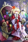  alternate_costume alternate_wings ankle_cuffs apple barefoot blonde_hair butterfly_wings chain chair chin_rest cross cuffs flandre_scarlet food fruit hair_ornament hand_on_own_face handcuffs heart highres mewkoala no_hat no_headwear red_eyes shackles sitting skull solo touhou wings 