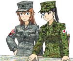  acu_(camo) american_flag charlotte_e_yeager crapgame error eyepatch flag japan_ground_self-defense_force japan_self-defense_force japanese_flag jgsdf_(camo) katana map military military_uniform multiple_girls operation_tomodachi ponytail sakamoto_mio strike_witches sword uniform weapon world_witches_series 