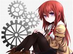  bad_id bad_pixiv_id black_legwear boots brown_hair gears jacket legwear_under_shorts long_hair makise_kurisu pantyhose purple_eyes shorts sitting solo steins;gate toraneko 