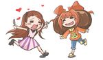  :d blush_stickers brown_hair chibi costume denim food fork hairband heart hungry idolmaster idolmaster_(classic) jeans jin_(lili_to_marigold) knife long_hair minase_iori multiple_girls open_mouth orange_hair outstretched_arms pants running short_hair slippers smile star steak takatsuki_yayoi twintails 