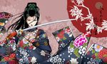 antaria black_hair breasts character_request cleavage flower japanese_clothes katana medium_breasts pili_budaixi signature solo sword weapon 