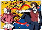  1boy 1girl bang! blue_eyes brown_hair commentary english_text from_side heart helmet jacket_on_shoulders long_hair minamoto_sakura red_hair red_vest rhubarb skirt sunglasses tatsumi_koutarou track_suit vest white_skirt zombie_land_saga 