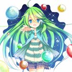  ahoge blue_eyes blush casual contemporary floating floating_object gem green_hair hair_tubes kochiya_sanae long_hair open_mouth outstretched_hand shirt skirt solo tears touhou yuya_(night_lily) 