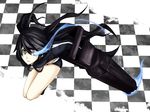  arm_cannon bad_id bad_pixiv_id black_hair black_rock_shooter black_rock_shooter_(character) blue_eyes burning_eye checkered from_above long_hair serious shorts solo thighs toromera twintails weapon zipper 