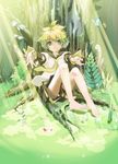  barefoot blonde_hair bug butterfly dragonfly feet flower green_eyes headphones hekicha highres insect kagamine_len male_focus necktie outstretched_arms outstretched_hand plant sitting smile solo tree vocaloid yellow_neckwear 