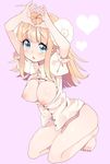  amezawa_koma animal_ears arms_up barefoot blonde_hair blue_eyes blush bottomless breasts breasts_outside framed_breasts heart heart_hands horns inverted_nipples kneeling large_breasts long_hair nipples no_panties open_clothes open_shirt original pink_background sheep_horns shirt simple_background solo 