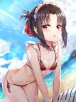  1girl absurdres all_fours bangs beach beach_towel bikini black_bikini black_choker black_hair blue_skirt blush bow_bikini breasts choker cleavage cloud collarbone day eyebrows_visible_through_hair folded_ponytail frills hair_ribbon highres kaguya-sama_wa_kokurasetai_~tensai-tachi_no_renai_zunousen~ lens_flare looking_at_viewer maid maid_headdress navel ocean open_mouth outdoors parted_bangs red_eyes red_ribbon ribbon shinomiya_kaguya side-tie_bikini sidelocks skirt sky small_breasts solo sunhyun swimsuit towel water wet white_bikini 