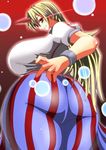  ass blonde_hair blush bracelet breasts chubby curvy female gigantic_breasts gomesu hips horn hoshiguma_yuugi huge_ass huge_breasts jewelry long_hair plump red_eyes solo striped stripes thick_thighs thighs touhou 