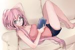  bad_id bad_pixiv_id bare_shoulders barefoot bespectacled blue_eyes book couch derivative_work glasses hand_behind_head highres legs long_hair looking_at_viewer lying megurine_luka on_back pink_hair roku_(hikokeng) settyaro short_shorts shorts smile solo strapless very_long_hair vocaloid 