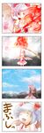  4koma =_= alternate_hairstyle bat_wings bow bow_(weapon) comic cosplay fang flower hair_ornament highres kana_tako kaname_madoka kaname_madoka_(cosplay) large_wings mahou_shoujo_madoka_magica remilia_scarlet ribbon rose spear_the_gungnir touhou translated weapon wings 