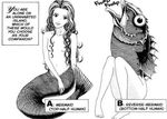  botomless bottomless breasts clothed clothing english_text female fish furuya_usamaru hair half-dressed human humor humour hybrid mammal marine mermaid nipples plain_background reverse_mermaid smile take_your_pick text the_mermaid_problem topless what white_background 