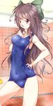  bad_hands bad_proportions bathroom brown_hair hand_on_hip highres long_hair memanasanori one-piece_swimsuit red_eyes reiuji_utsuho school_swimsuit shiny shiny_clothes smile solo swimsuit touhou 
