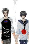  2boys axis_powers_hetalia black_hair blush brown_hair dark_hair glasses highres holding japan_(hetalia) multiple_boys smile thailand_(hetalia) yaoi 