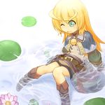  blonde_hair boots green_eyes highres jewelry lily_pad long_hair necklace noora_brandor noora_to_toki_no_koubou one_eye_closed solo takeda_yukimura water wet 