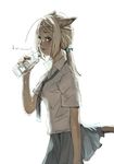  animal_ears blonde_hair blue_eyes blush bottle bow branch_(blackrabbits) cat_ears cat_tail circlet final_fantasy final_fantasy_xi mithra necktie open_mouth school_uniform skirt skirt_lift solo sweat tail 