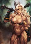  abs amazon_(dragon's_crown) armlet armor artarchanime bad_id bad_pixiv_id bikini_armor blonde_hair circlet dragon's_crown feathers gloves green_eyes halberd highres lips long_hair muscle muscular_female polearm realistic solo tattoo weapon 