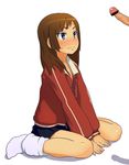  blue_eyes blush brown_hair censored kyoudyu loose_socks original penis shadow simple_background sitting skirt socks solo_focus sweatdrop v_arms wariza white_background 