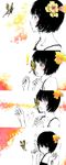 black_hair blush bug butterfly closed_eyes comic flower hair_flower hair_ornament insect monochrome open_mouth original pale_skin short_hair sneezing sousou_(sousouworks) surprised 