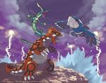  game_freak groudon kyogre no_humans official_art pokemon pokemon_(game) pokemon_emerald pokemon_rse rayquaza sky sugimori_ken thunder wave waving 