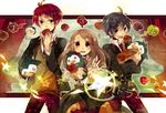  2boys ahoge apple bag bird blazer blue_hair blush bow brown_hair food fruit holding holding_food holding_fruit jacket long_hair maple_(cyakapon) mawaru_penguindrum multiple_boys necktie orange_hair pants penguin penguin_1-gou penguin_2-gou penguin_3-gou red_hair school_uniform short_hair siblings skirt smile star sweatdrop sweater takakura_himari takakura_kanba takakura_shouma teeth 