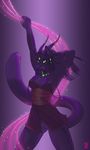  breasts cat clothed clothing dancing feline female green_eyes half-dressed horn iggi jewelry mammal necklace nipple_slip piercing purple_theme pussy skimpy solo 