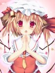  animal_ears bell blonde_hair blush dog_ears flandre_scarlet ha_ru hands_together hat necktie open_mouth own_hands_together red_eyes solo touhou 