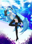  aqua_eyes aqua_hair bad_id bad_pixiv_id crown detached_sleeves glass_slipper hatsune_miku headset high_heels highres kaisaki long_hair necktie shoes skirt solo standing standing_on_one_leg thighhighs transparent_footwear twintails very_long_hair vocaloid 