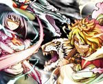  battle bishamonten's_spear blonde_hair dragon drama_layer duel fangs hat kage_houshi lightning multiple_girls nagae_iku polearm purple_eyes purple_hair ribbon scarf slit_pupils spear tiger toramaru_shou touhou weapon yellow_eyes 