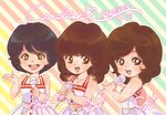  black_hair brown_eyes brown_hair candies_(band) candy chibi food hoshino_lala microphone multiple_girls 