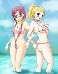  2girls bikini blonde_hair blue_eyes blush breasts choker chrono_(series) chrono_trigger cleavage female glasses green_eyes happy kane_(pixiv1670172) long_hair looking_back lucca_ashtear marle midriff multiple_girls ocean open_mouth ponytail purple_hair sea short_hair shy sky sling_bikini swimsuit thong 